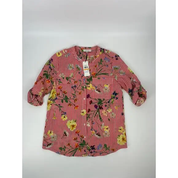 Calvin Klein Women's Red Striped Blouse (B32) - Picture 7 of 12